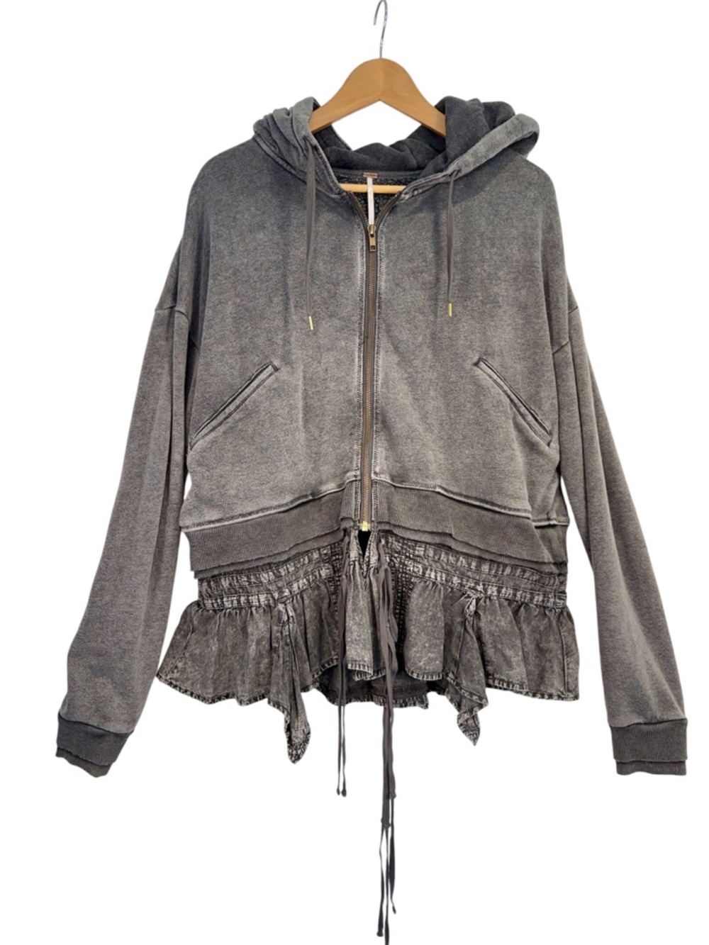 Free People When Worlds Meet Hoodie Large Gray Black Distressed Zip Sweatshirt